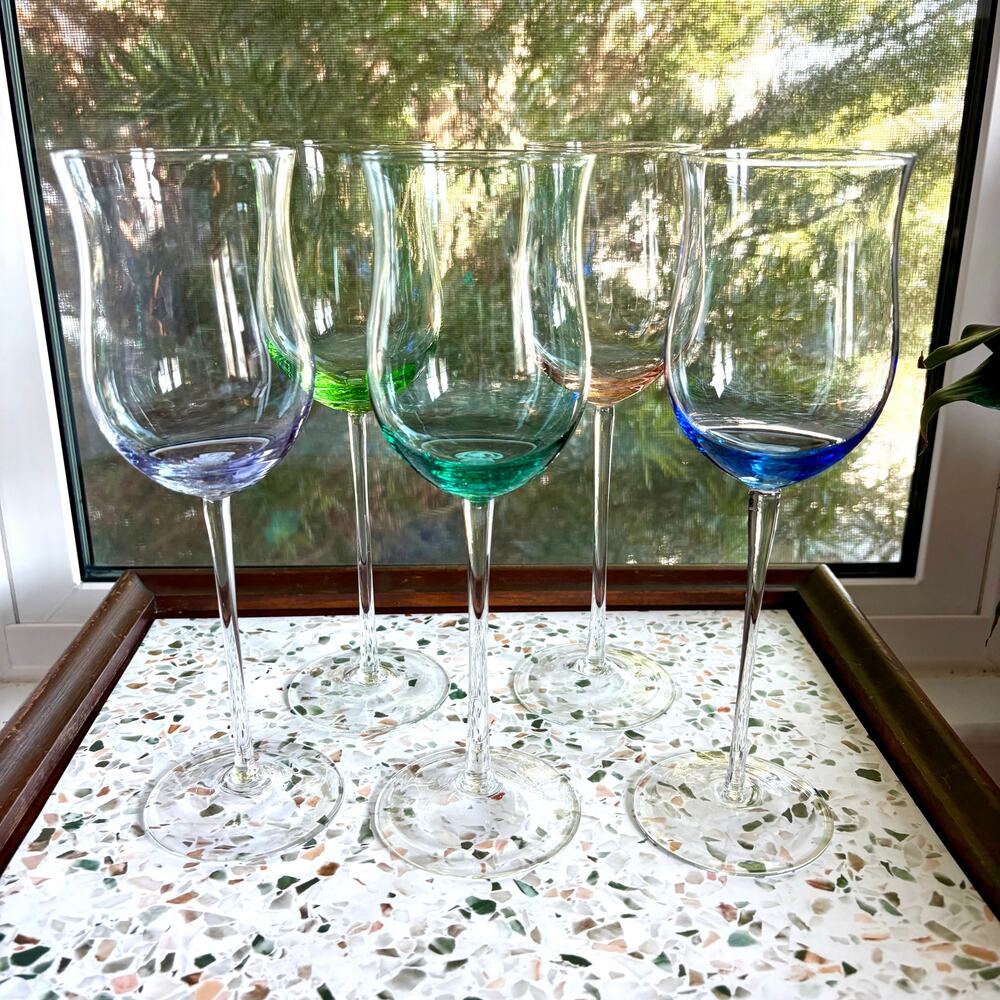 Vintage Block Crystal Multi Color Wine Glasses Set of 5